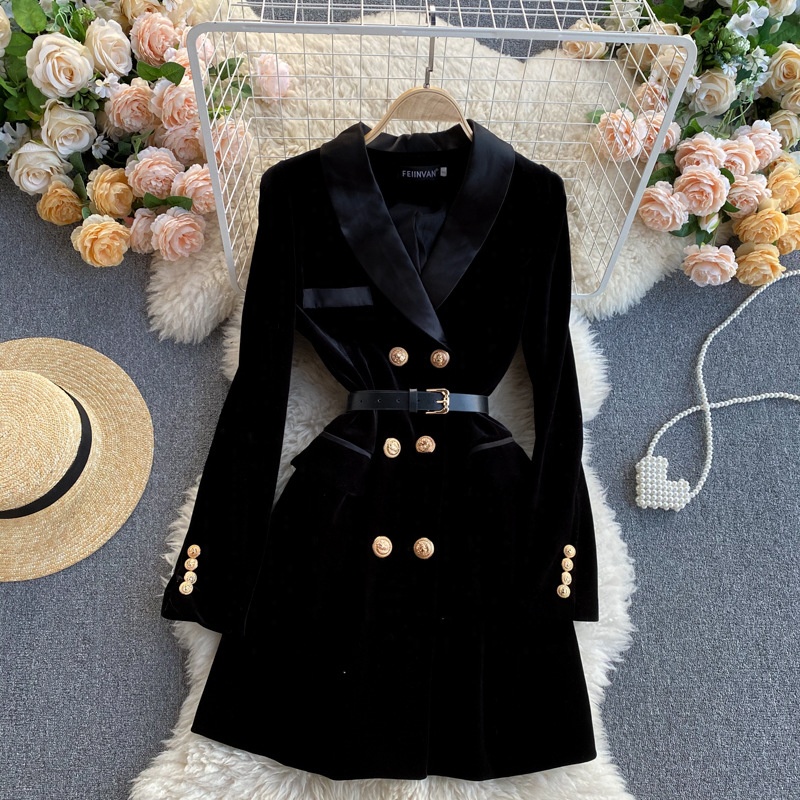 Fall Fashion Ladies Elegant Office Casual Velvet Dress With Belt Fitted Double Breasted Women Blazer Dress 