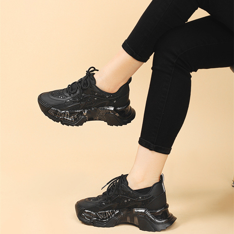 Youth Student Chunky Thick Sole Lace Up Slip Resistant Footwear Luxury Fashion Leather Trend Black Girl Ladies Shoes For Women 