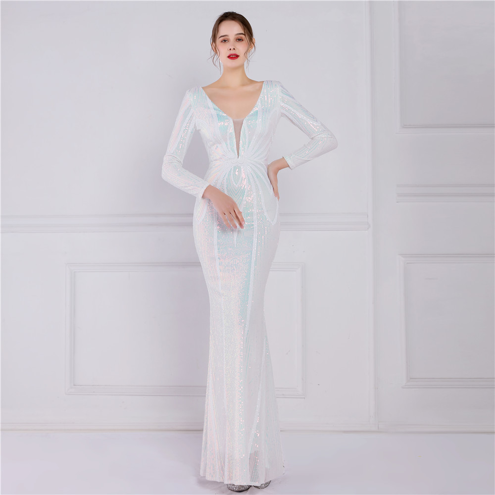 18831# Positioning Flower Sequin Evening Dress Women's New Elegant Long Sleeve Sequined Temperament