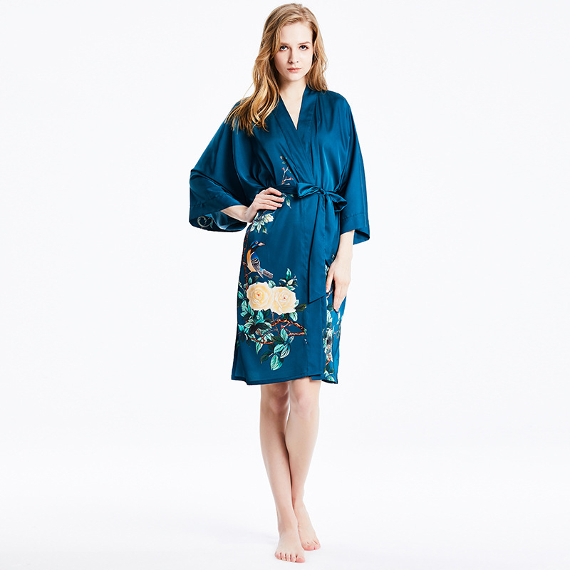 Satin Robes Women Bridesmaid Kimono Robe Print Soft Silk One Piece Pajama Wear Satin Sleepwear Summer Nightgown 