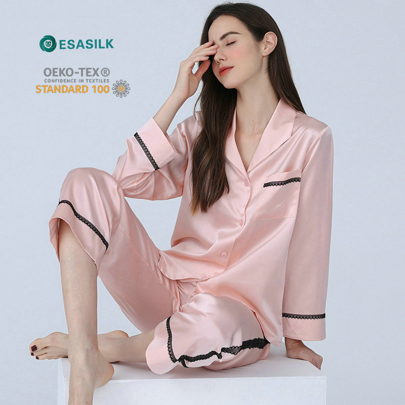 Esasilk Satin 100% Silk Two Piece Adult Sleepwear Silk Pajamas 