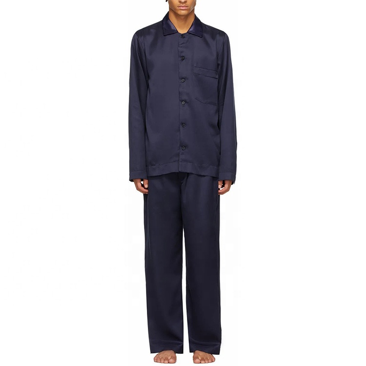High Quality Fashion Design Custom Navy Silk Satin Men&#39;s Pajama Pants Set Sleepwear Men 