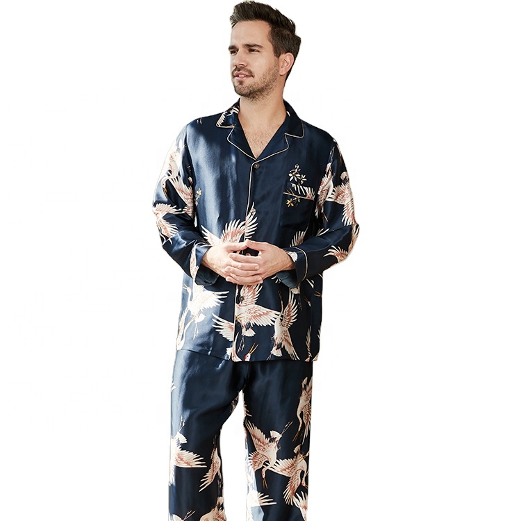 Men&#39;s Luxury Silk Sleepwear 100% Silk Pajamas Set Crane Pattern Navy Blue Long Sleeve Silk Satin Pajamas 