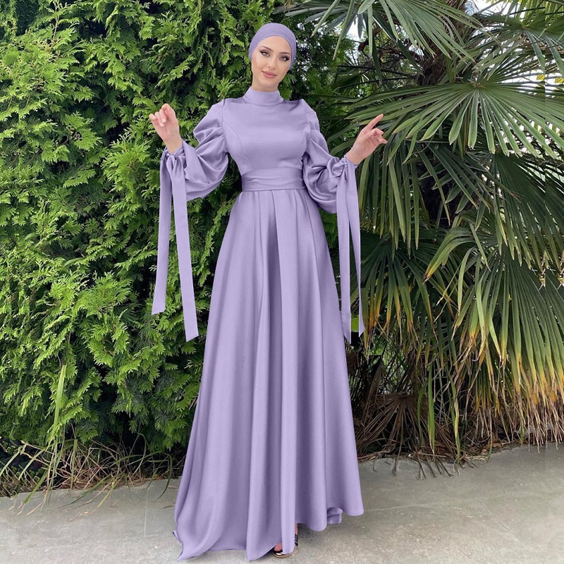 Islamic Clothes Ramadan Women Dubai Muslim Elegant Dress Satin Long Maxi Dress 