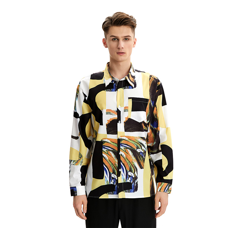 Anti-wrinkle Casual Men Funny Digital Printing Single Breasted Full Long Sleeve Shirt Men 