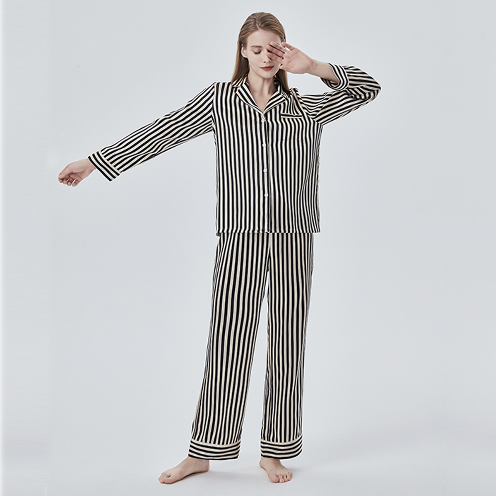Customized Striped 100% Pure Silk Luxury 2021 Wholesale Sleepwear Women Sexy Sleepwear Pajamas 