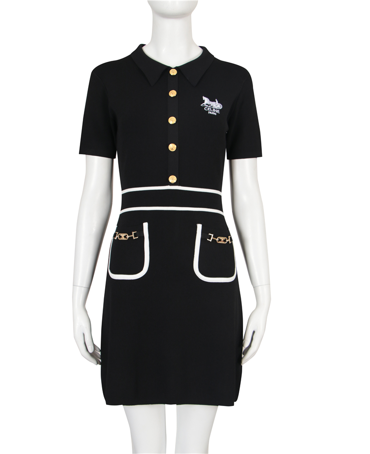 Factory Custom Black Elegant Polo Collar Half Sleeved Women&#39;s Clothing Dress Office Women&#39;s Knitted Sweater Dress 