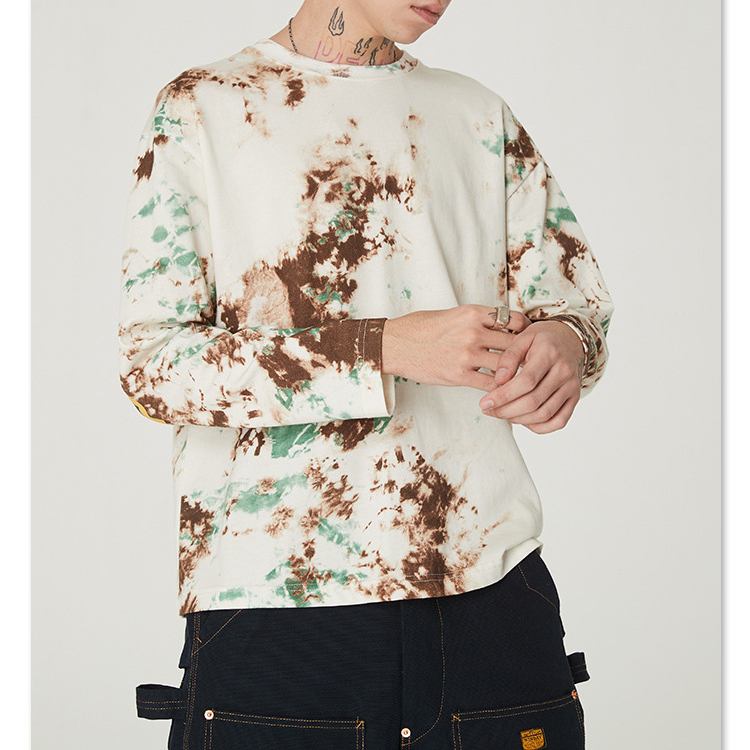 Japanese Round Neck Long Sleeve Vintage Irregular Tie-dyed Face Printing T-shirt For Men 