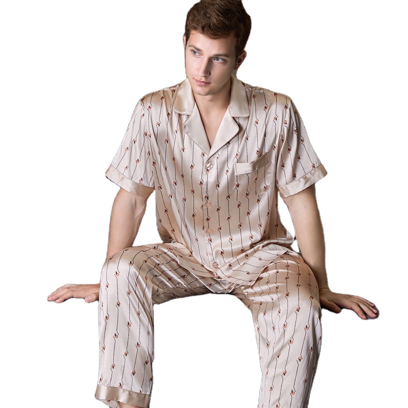 Upscale Mens Silk Nightgown Soft Silk Pajama Set Men Plain Color Silk Pajamas Short Sleeve 