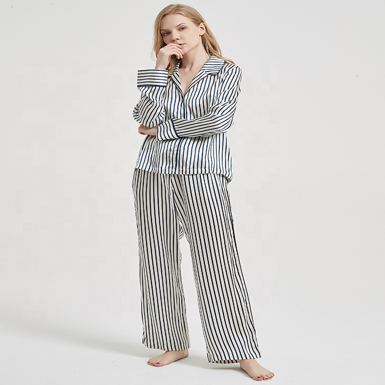 Women Stripe Printed 100% Pure Washable Mulberry Silk Pajamas Sets Women Sleepwear 