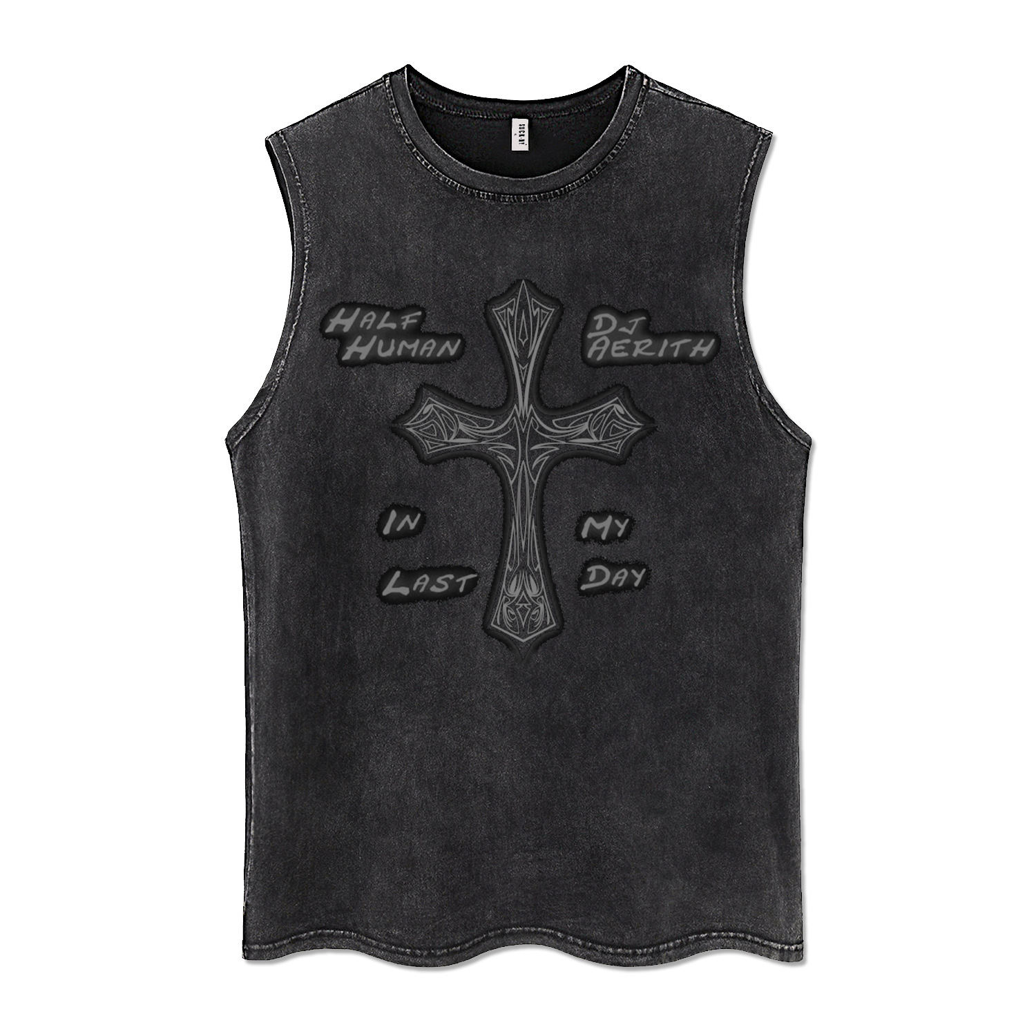 Customized Black Color 100% Cotton High Street Series Acid Wash T Shirt Letter Print Sleeveless Loose T-shirt 