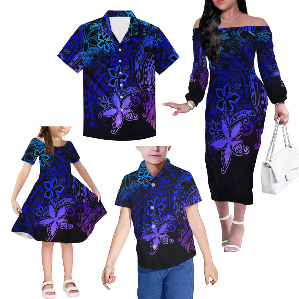 High Quality  Women's Girl Off Shoulder Dress Family Set Polynesian Tribal Style Plus Size Girl Long Sleeve  Dress and Men Shirt