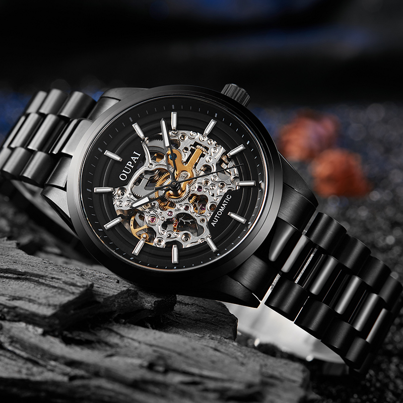 Hollow Out Automatic Watch Man Power Reserve Display Hangzhou Movement Pvd Black Cover Oem For Customer Logo Watch Ultra Thin 