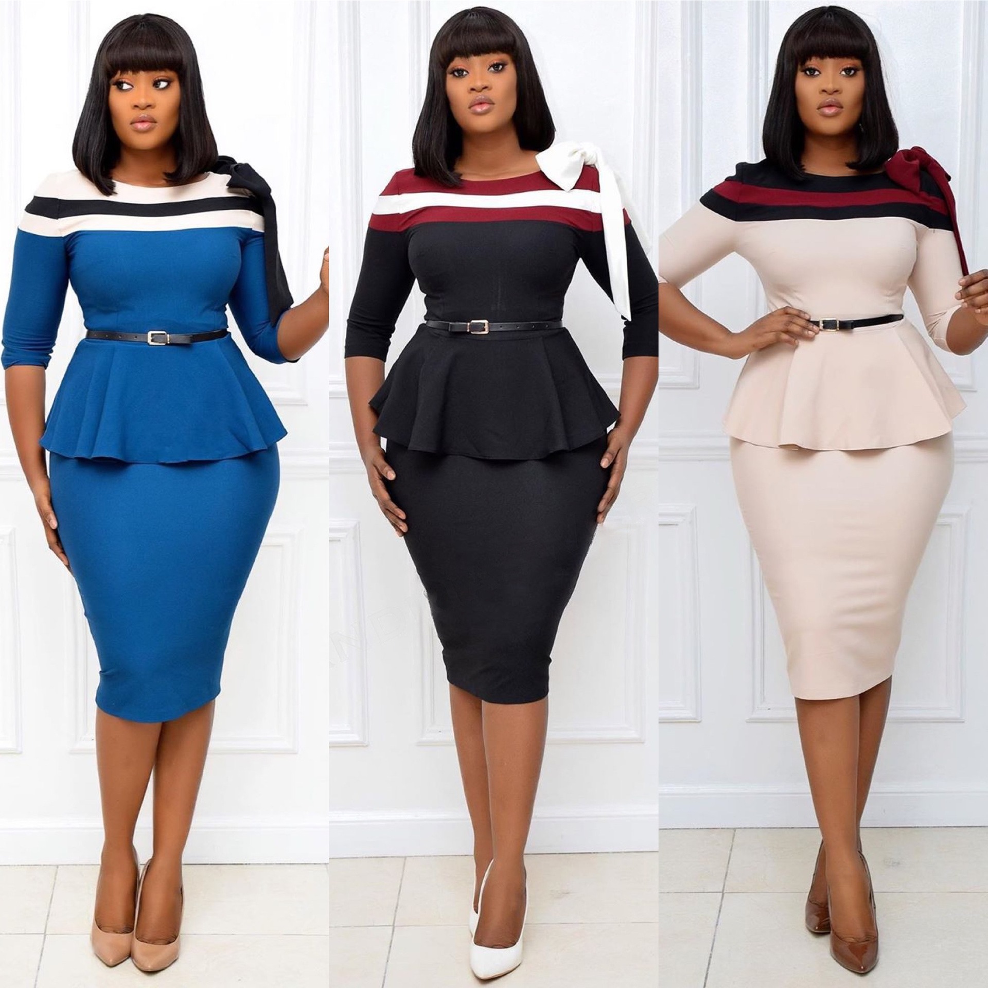 2112 Autumn New Fashion Casual Color Stitching Long-sleeved Round Neck Sexy Belt Tight Dress Women&#39;s Clothing 
