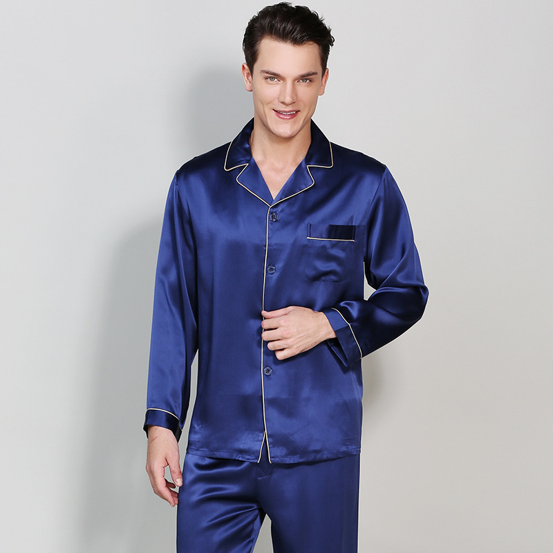 Long Sleeve Solid Pure Comfortable Sleepwear Mens 100% Silk Pyjama Set 