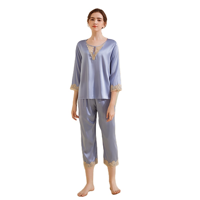 Ladies 16mm Silk Spandex Satin Lace Neck Embroidery Long Sleeve Women&#39;s Sleepwear 