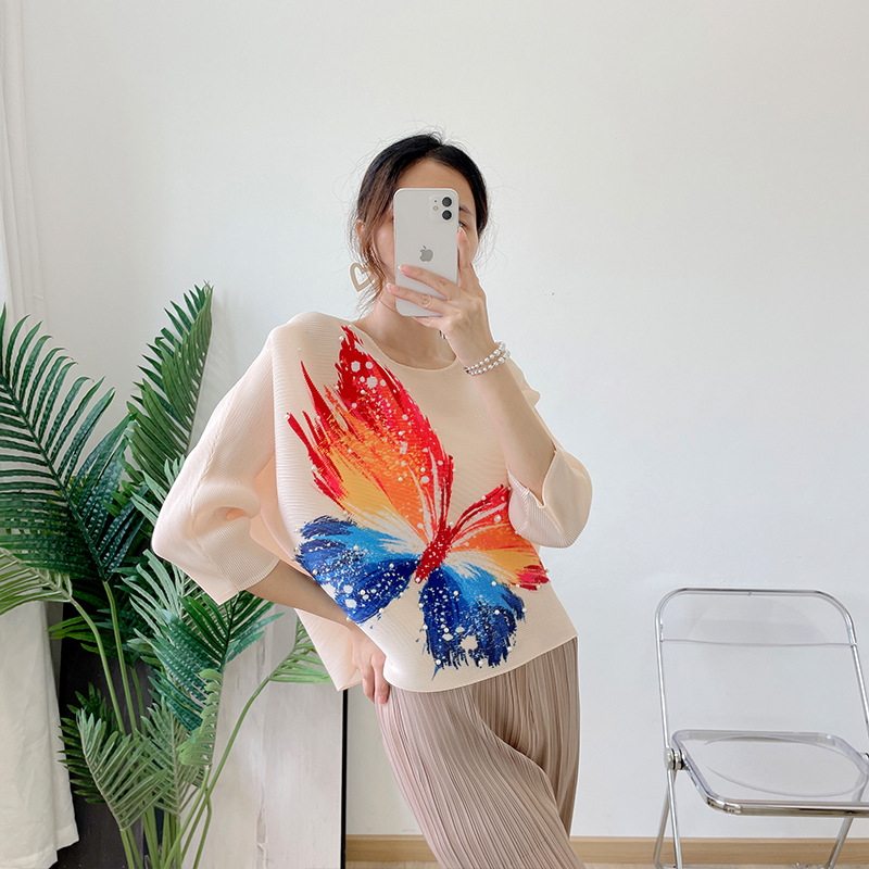 New Summer 2022 Pleated Butterfly Print Blouse And Short Sleeve Women's T-shirt 