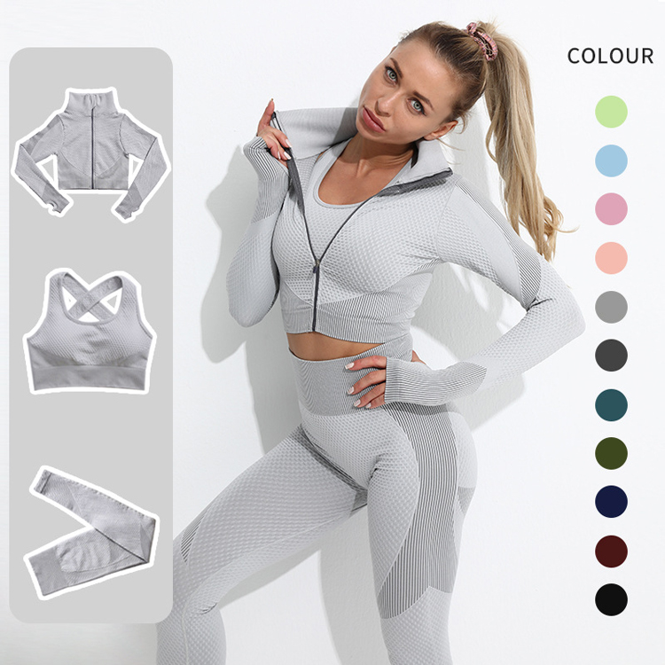 S-xl New Fashion Women Suit Gym Outfits Sexy Black Yoga Tracksuit Sports Jacket Three Piece Set Seamless Gym Legging Sportswear