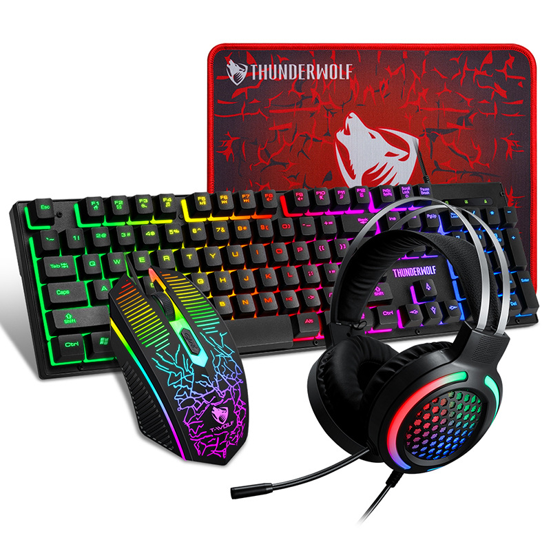 Thunder Wolf Tf400 Game Four-piece Luminous Game Set Keyboard Mouse Headset Rgb Key Mouse Computer Accessories 
