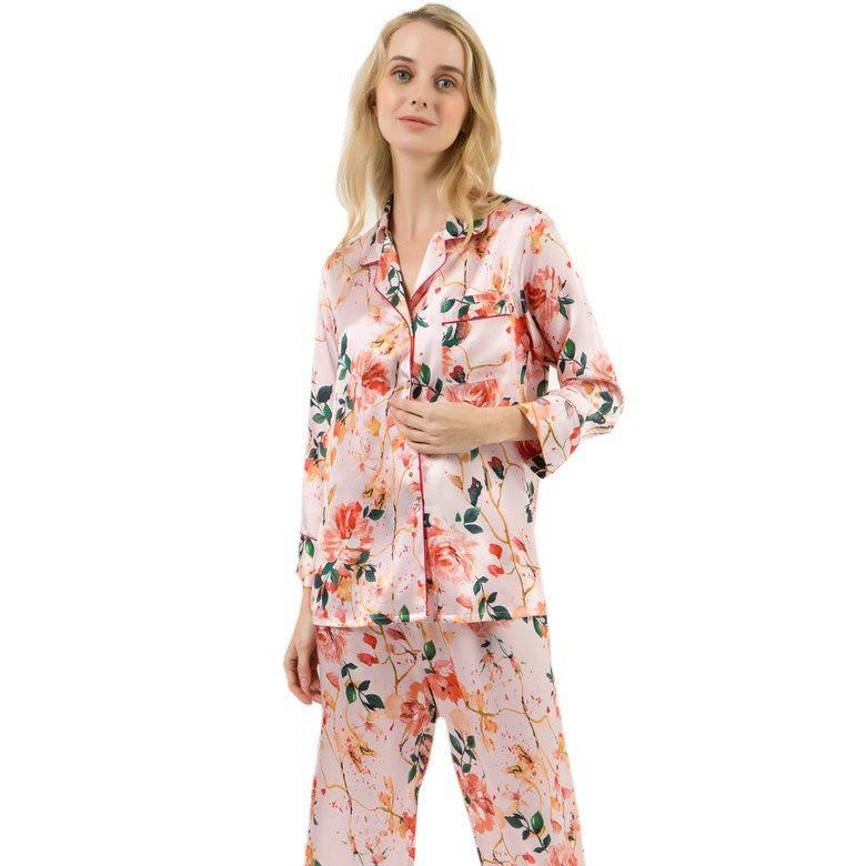 2022 New Arrival Ladies 100% Silk Pajamas Set Sleepwear Mulberry Women Print Silk Sweet Pajama 