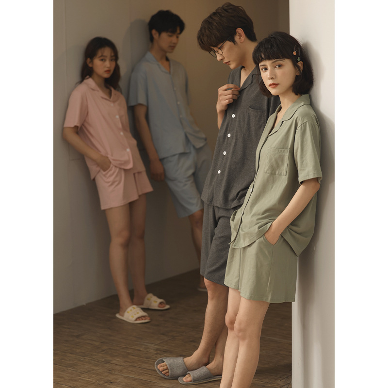 C1 Hot Sale Cotton Couple Pajama Set Pijamas Women And Men Short Sleeve Pants Sleepwear Soft Breathable Nightwear 