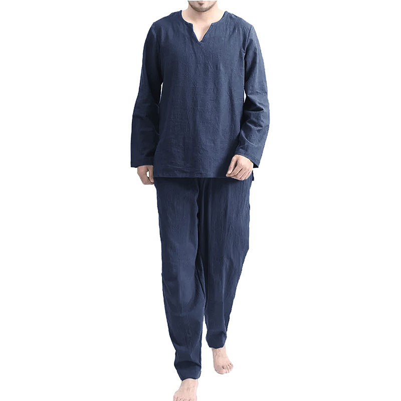 Custom Manufacture Mens Long Sleeve V-neck Yoga Shirt And Pants Casual Cotton Linen Men&#39;s Sleepwear Pajamas Set 