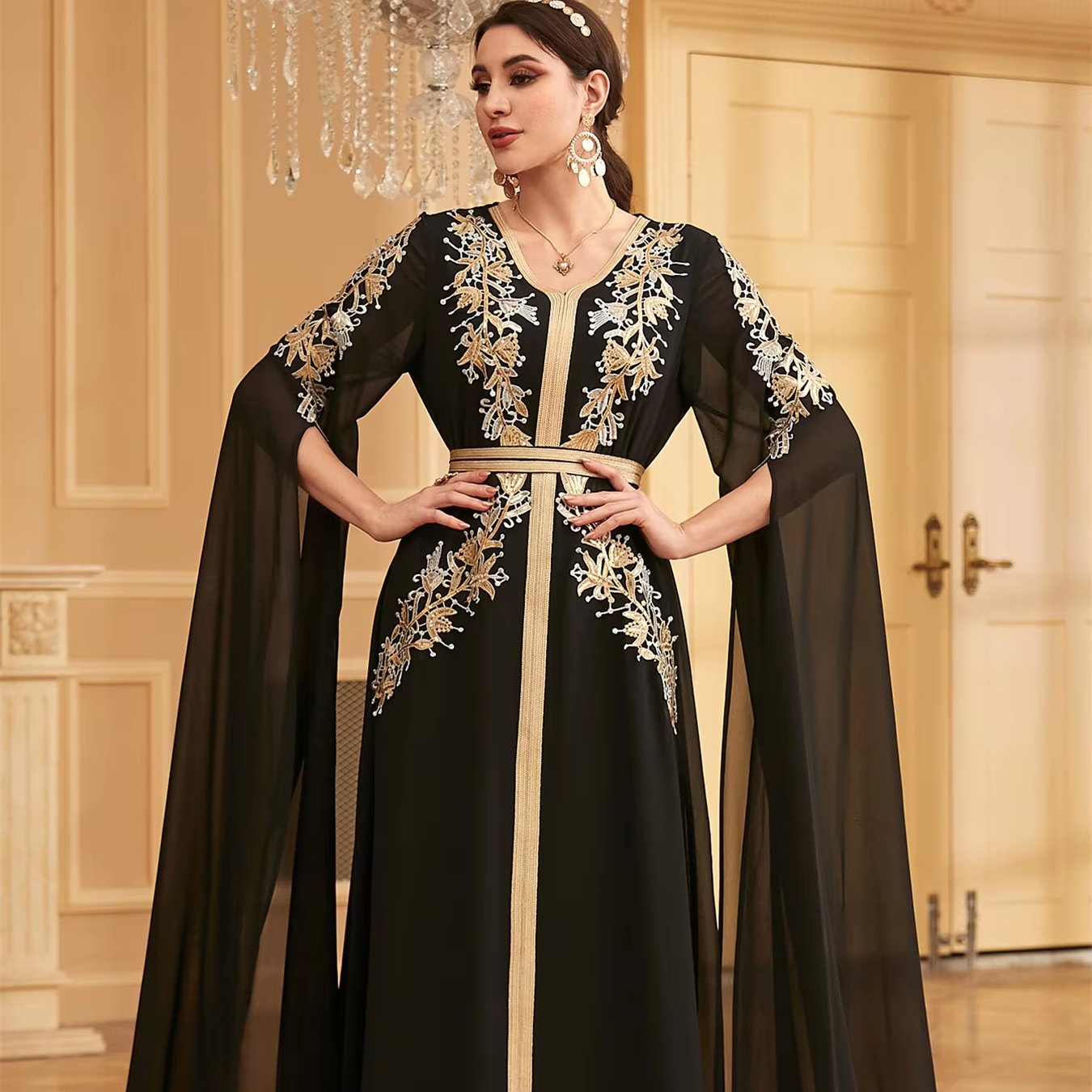 W-70  Middle East Evening Party Muslim Long Dress Dubai Islamic Women's Clothing With Belt Fashion Embroidery Long Sleeve Abaya