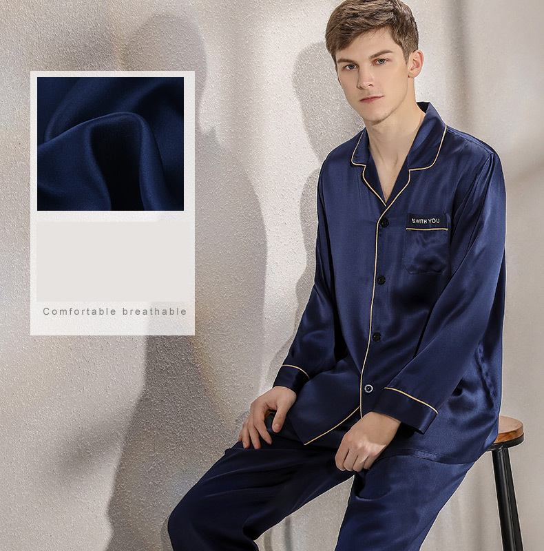 High Quality Embroidery Silk Pajamas Set Breathable Men 2pcs Silk Pajamas 
