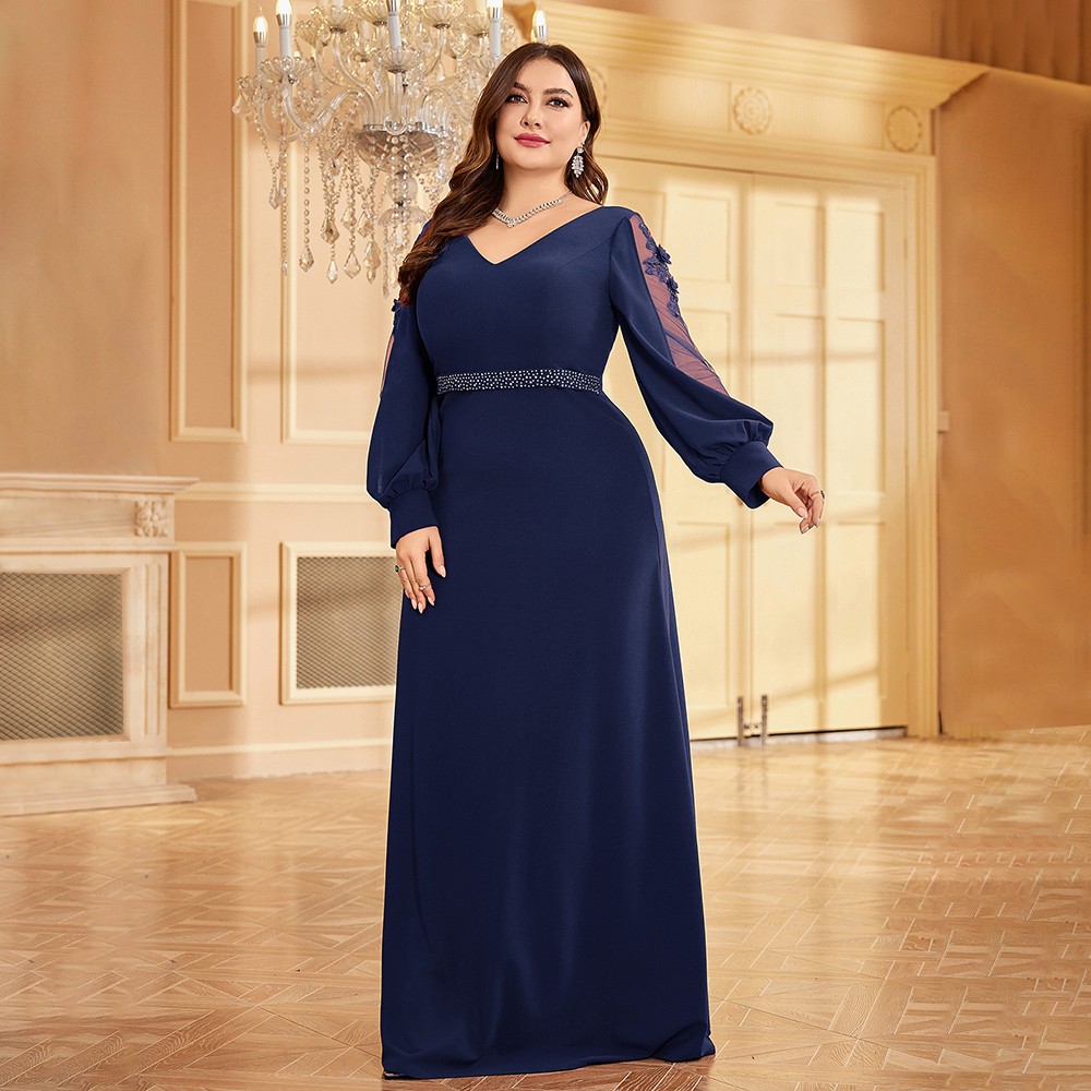 TEENYEE Most Popular Women's Long Sleeves Church Dress Formal Dress V Neck Mother of the Bride Plus Size Dresses for Event