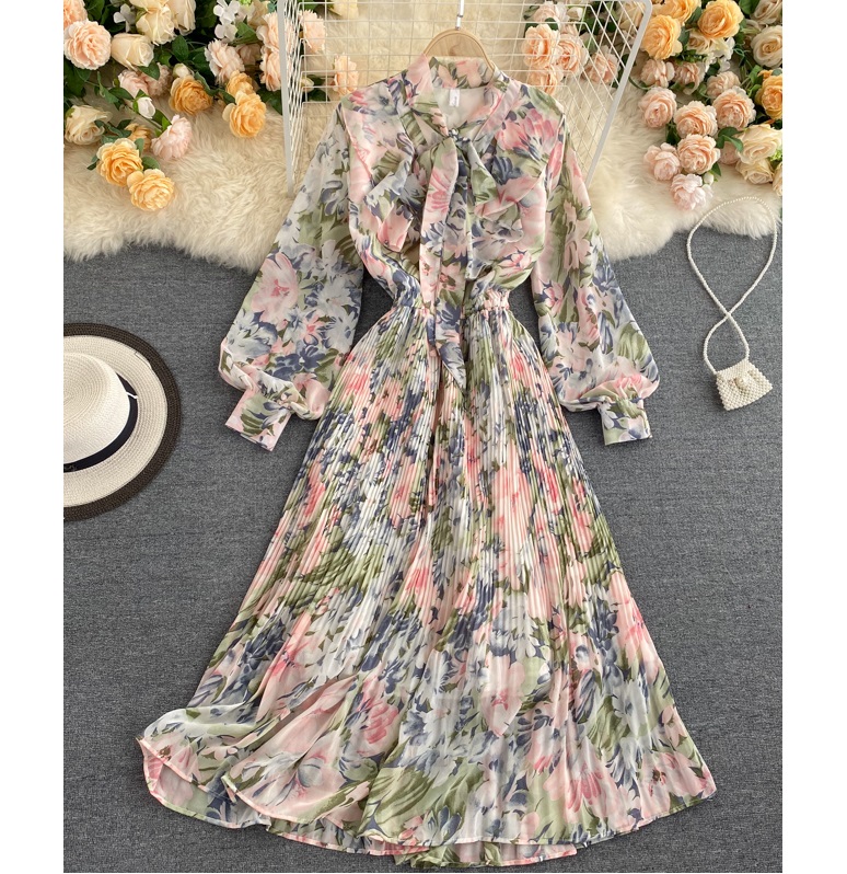 Wholesale Spring Fall Women Long Sleeve Printing Maxi Casual Pleats Dresses For Ladies 