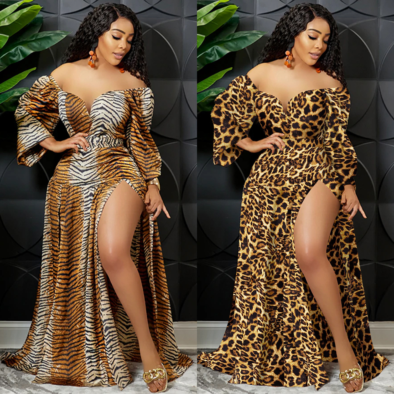 Bh676 Women Tiger Leopard Print Long Slit Dresses 