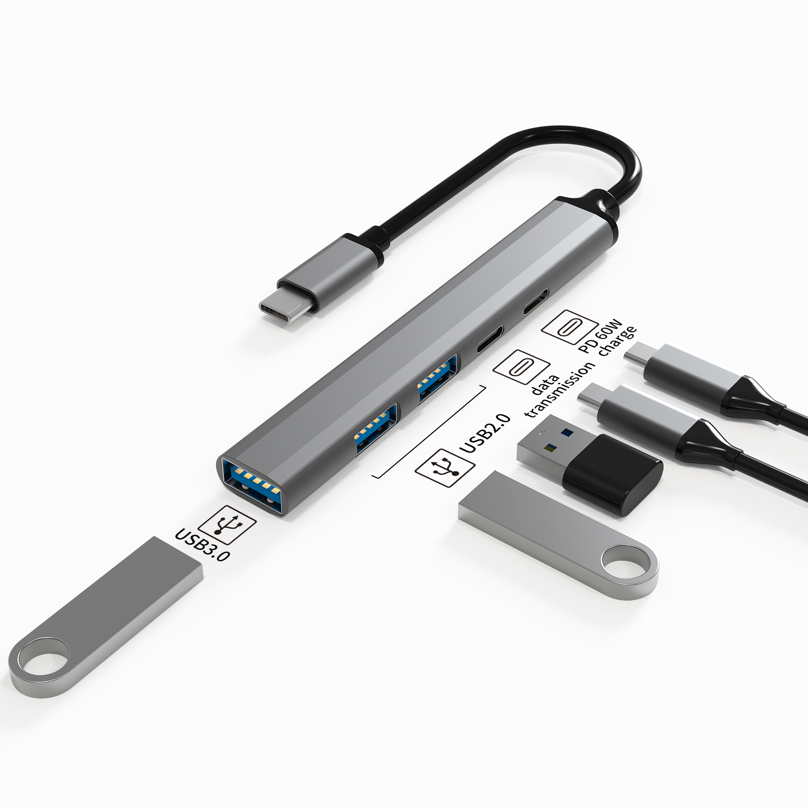 Computer Accessories Type C Hub Abs+aluminum Alloy Pd+usb-c Data+usb2.0*2+usb3.0 