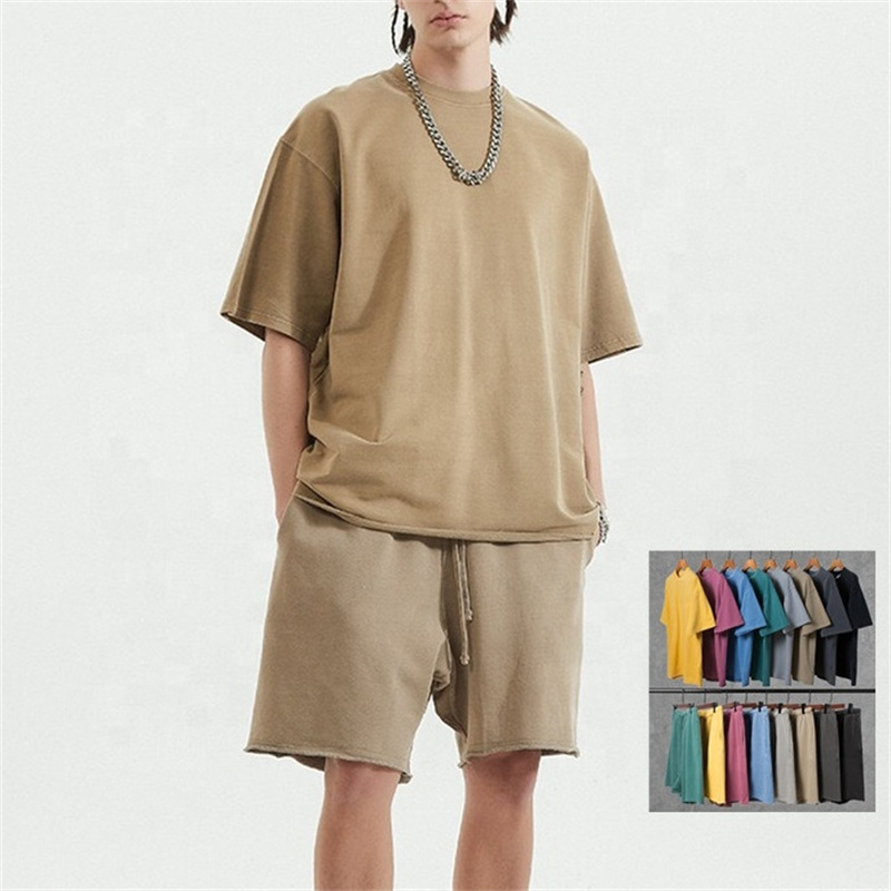 Plain Wholesale Sweat 2 Piece T Shirt And Shorts Sets Washed Oversize 100% Cotton Men Tshirt 