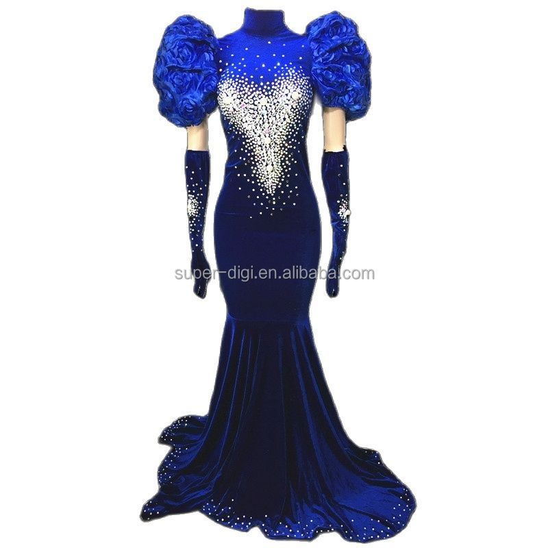 Luxury Party Dress Backless Blue Velvet Pearls Crystal Wedding Performance Wear Bodycon Women Evening Gown Prom Mermaid Dress 