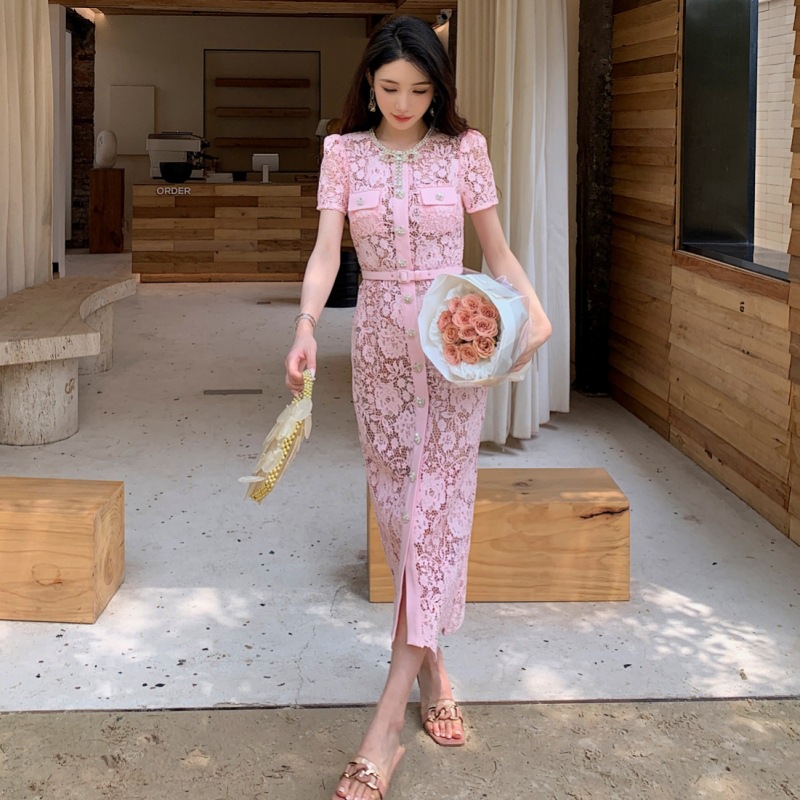 2025 Summer Women's Clothing Luxury Bow Button Decoration Pink Lace High Waist Slim-fitting Midi Dress