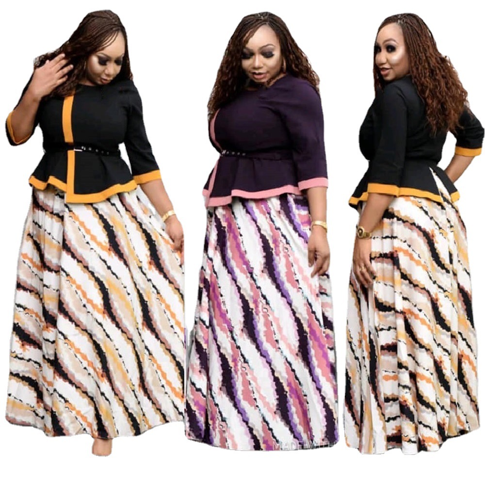 Amazom Hot Sale Fashion Africa &amp; Turkey Office Clothing Two Piece Set Dresses Long Sleeve Plus Size Women&#39; Dresses With 2xl-6xl 