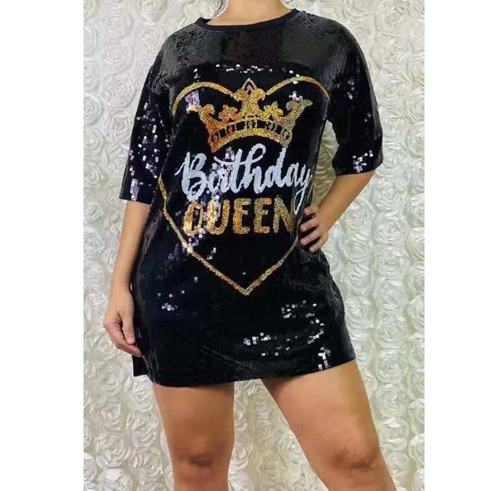 Custom One Size Fit All Women's Sequin Crown T-shirt My Birthday Queen Girl Jersey T Shirt Dress 