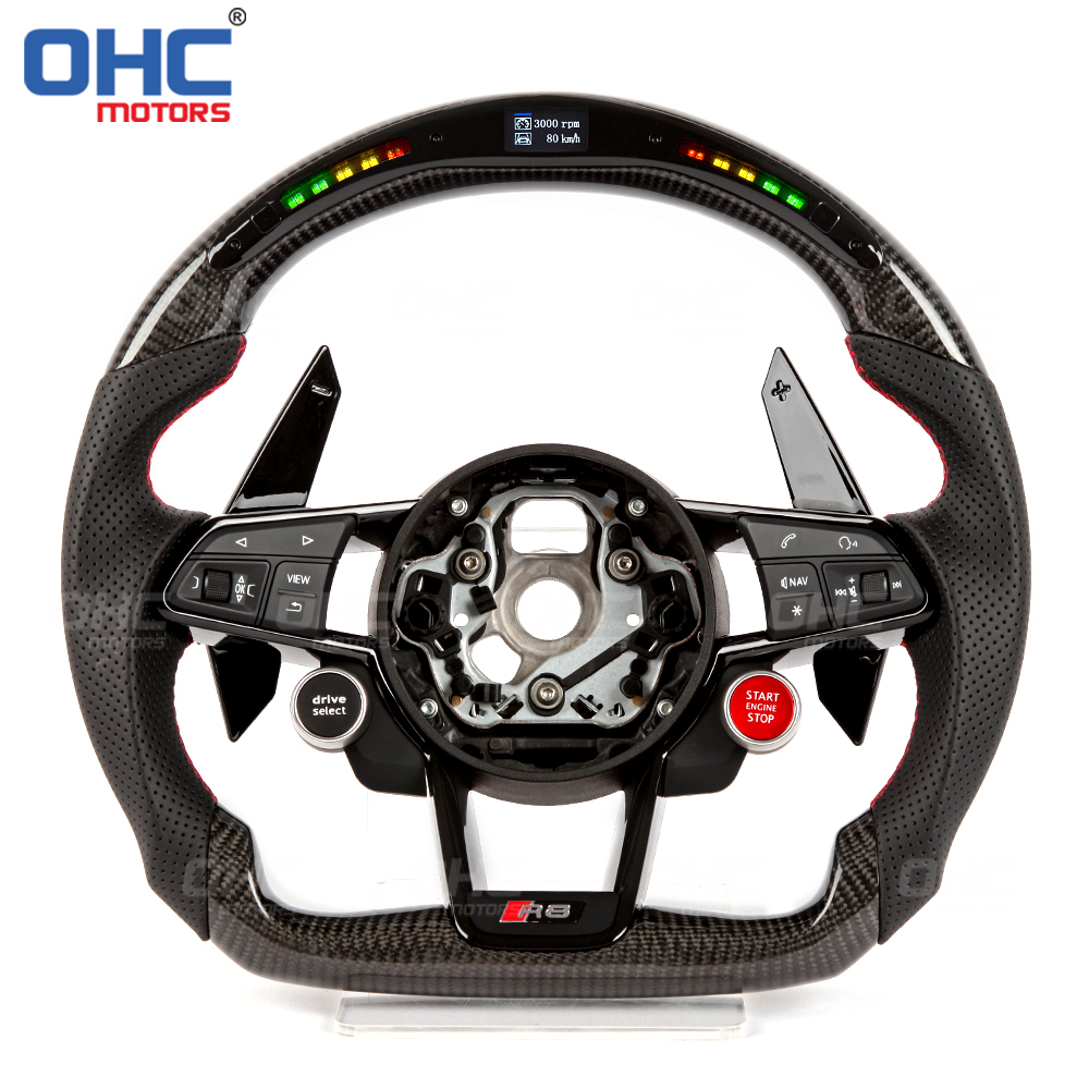 Wholesale Led Rpm Real Carbon Fiber Steering Wheel For Audi R8 A3 A4 A5 A6 Q7 B8 B9 Carbon Fiber Leather Car Steering Wheel 
