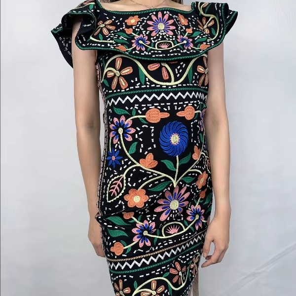 Women's Clothing Manufacturer Frill Trimed Button Through Casual Mini Dress With Embroidery