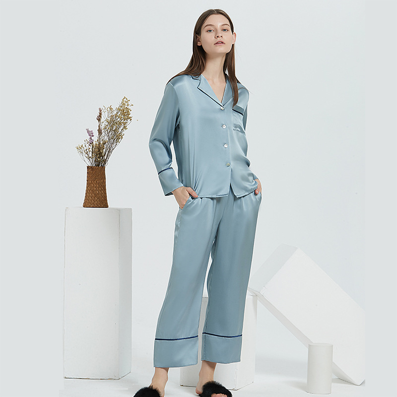 Beta Customized New Women's Sleepwear Plain Blue Satin 100% Silk Set Women Suit Loungewear Women's Silk Pajamas 