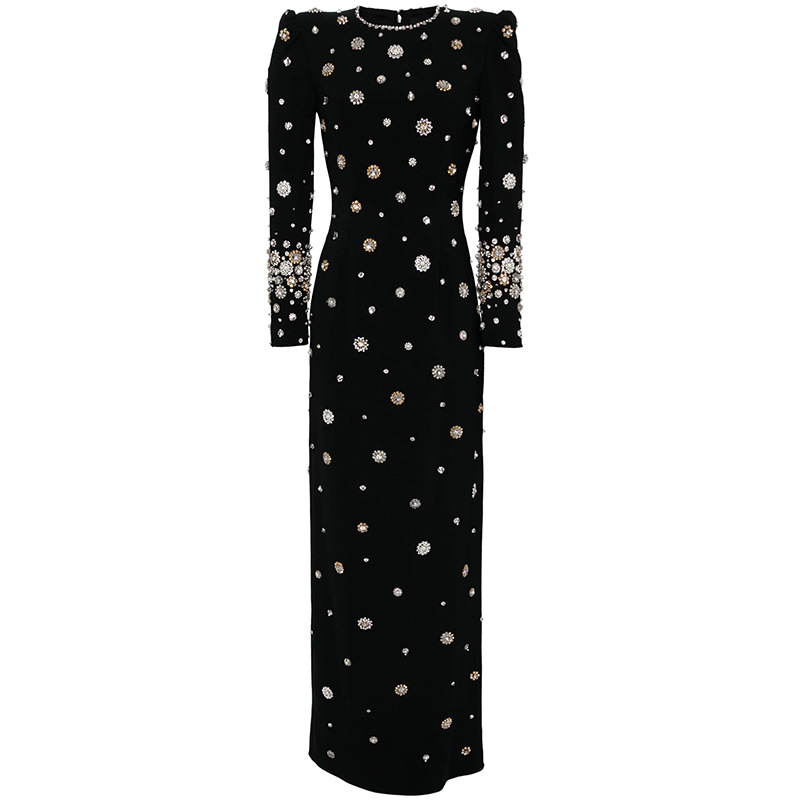 Fashion European Style Fine Workmanship Rhinestone Beading Long Sleeve O-neck Women Formal Wear Lady Maxi Solid Dress