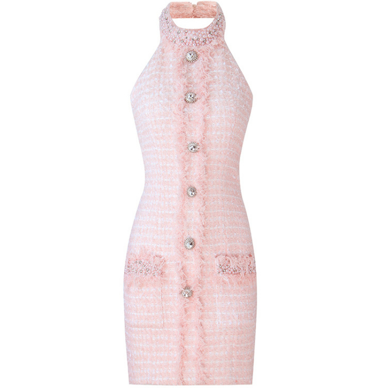 High Street Newest Fashion 2022 Designer Women&#39;s Diamonds Buttons Pearl Beaded Tassel Fringed Tweed Backless Halter Dress 