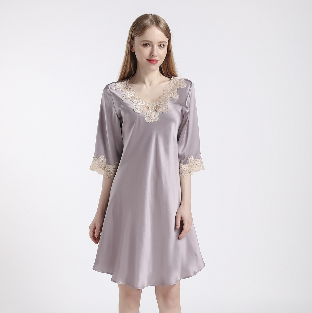 Hot Sale Short Sleeved Women&#39;s Nightdress Silk Thin Nightgown Silk Slip Sleepwear 