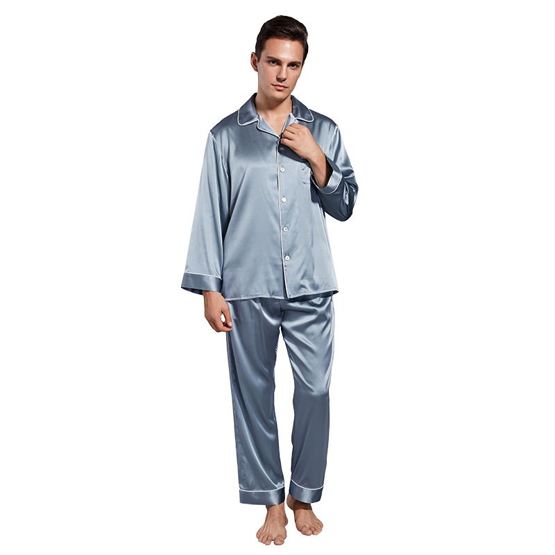Best Selling Basic Button-up Silk Men Sleepwear Sets Classic Solid Long Sleeve Pajama 