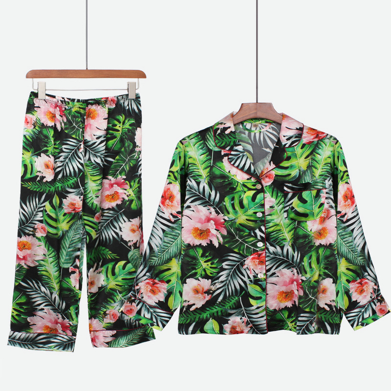 Silk Pajamas Sets Satin Silk Homewear Sleepwear Pyjamas Set Pijamas Long Pajama Suit 100% Silk For Woman Brand Women&#39;s 2 Pieces 