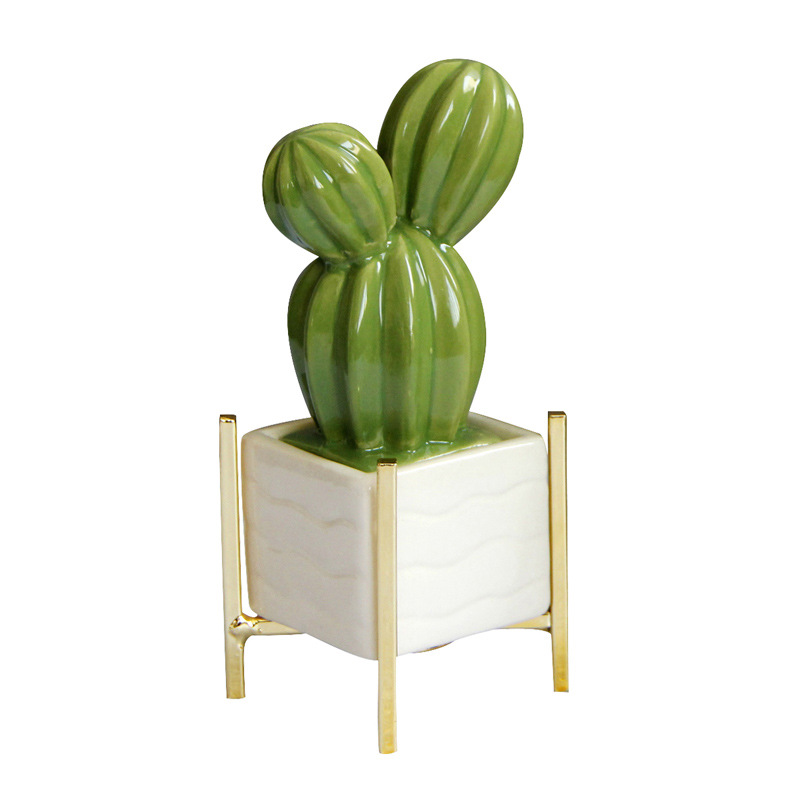 Modern Light Luxury European Home Decoration Ceramic Tabletop Potted Cactus With Metal Holder 