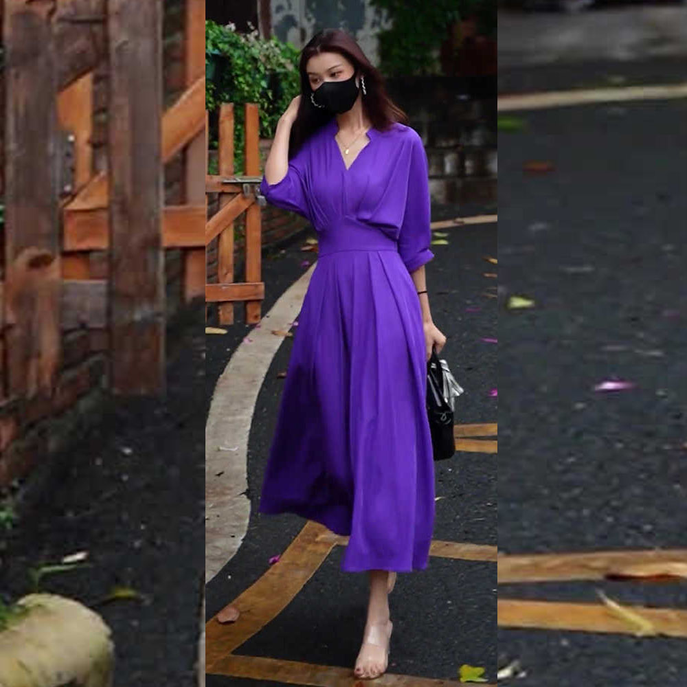 2022 New Women&#39;s Clothing Summer Purple High-end Waist V-neck Half Sleeve Long Casual Office Dress