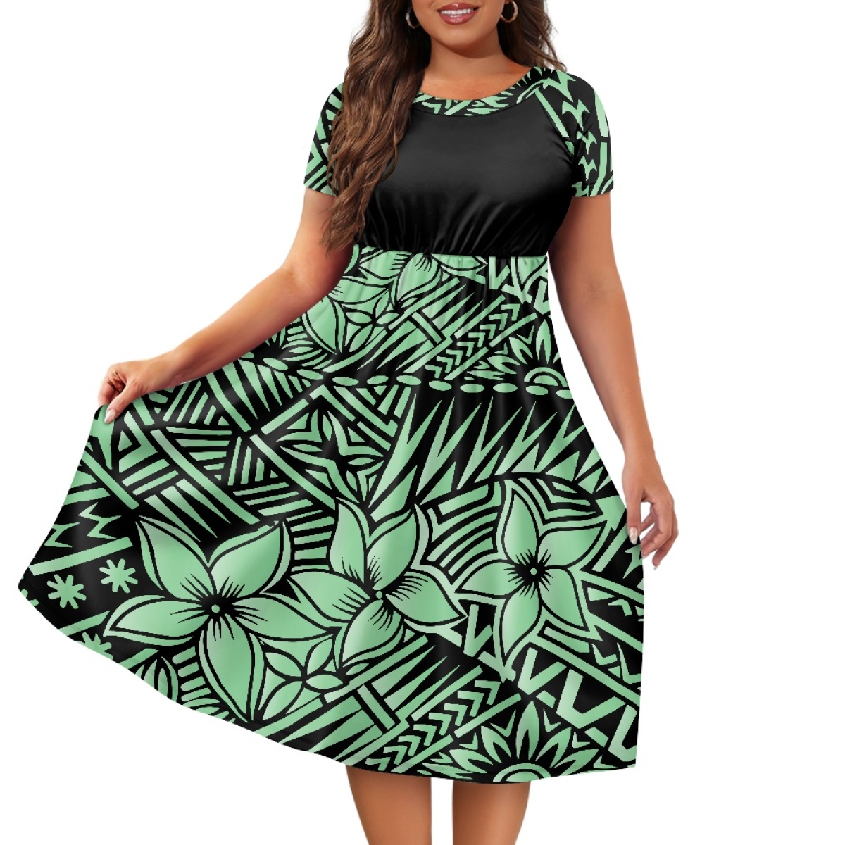 New Arrivals Polynesian Samoan Tribal Polyester Women's Short-sleeved Dress With Waist Tucked in  Personality Fashion