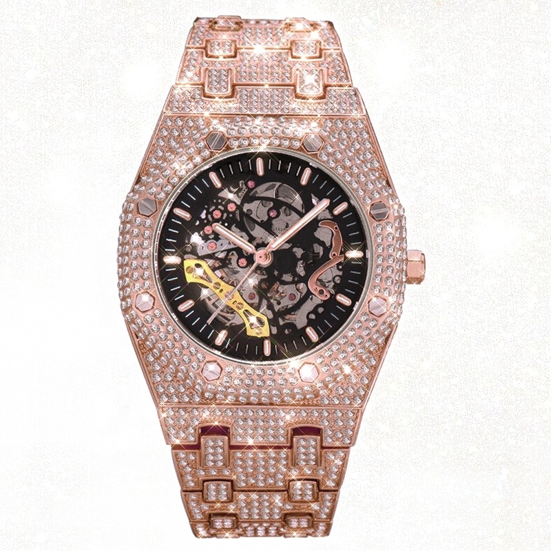 Stainless Steel Full Diamond On Band Custom Logo Real Diamond Watch Mens Luxury 