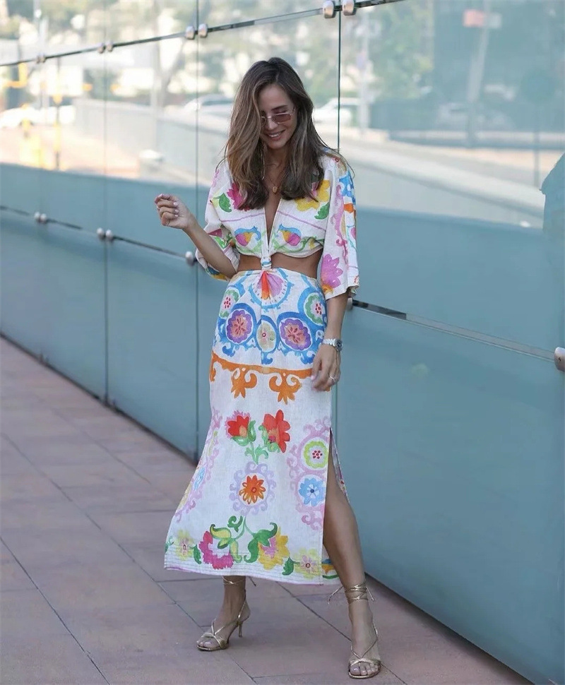 2022 Women Half Sleeves Fashion Casual Linen Flower Printed Dresses Soft Comfortable Summer Autumn Dress For Women 